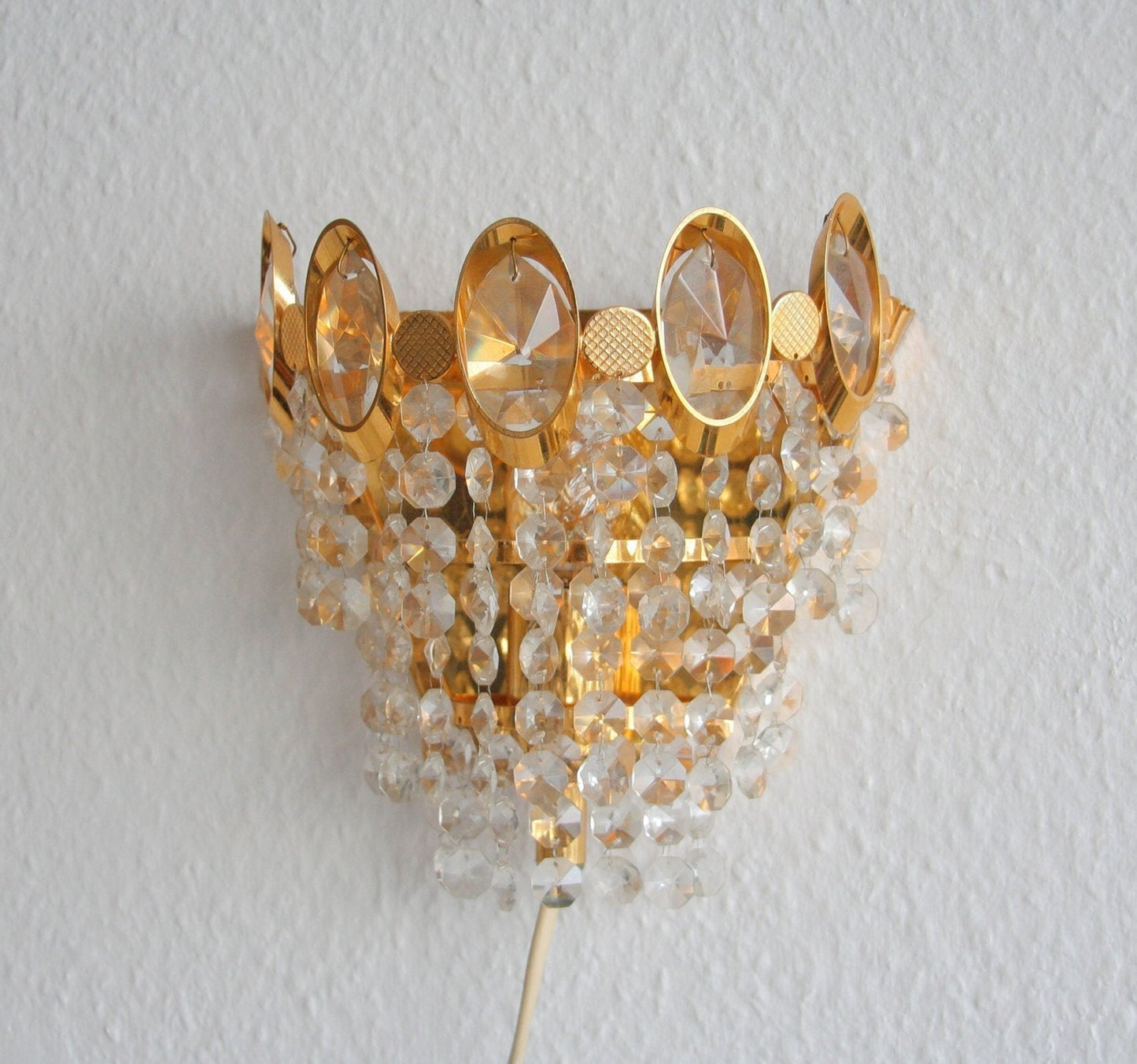 A Pair of Gold-Plated Brass Wall Sconces with Small Cut Crystal Prisms Mollaris.com 