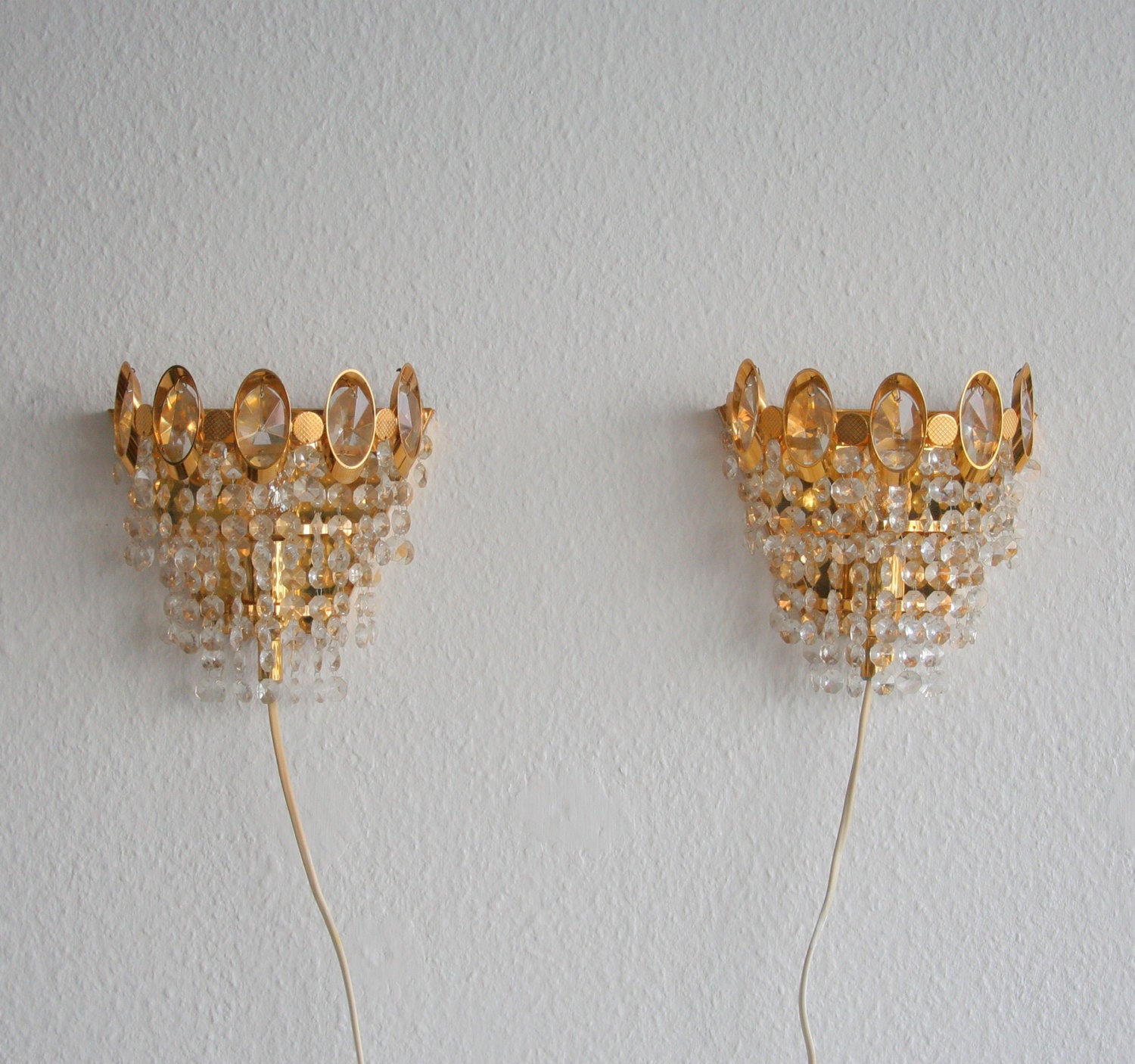 A Pair of Gold-Plated Brass Wall Sconces with Small Cut Crystal Prisms Mollaris.com 