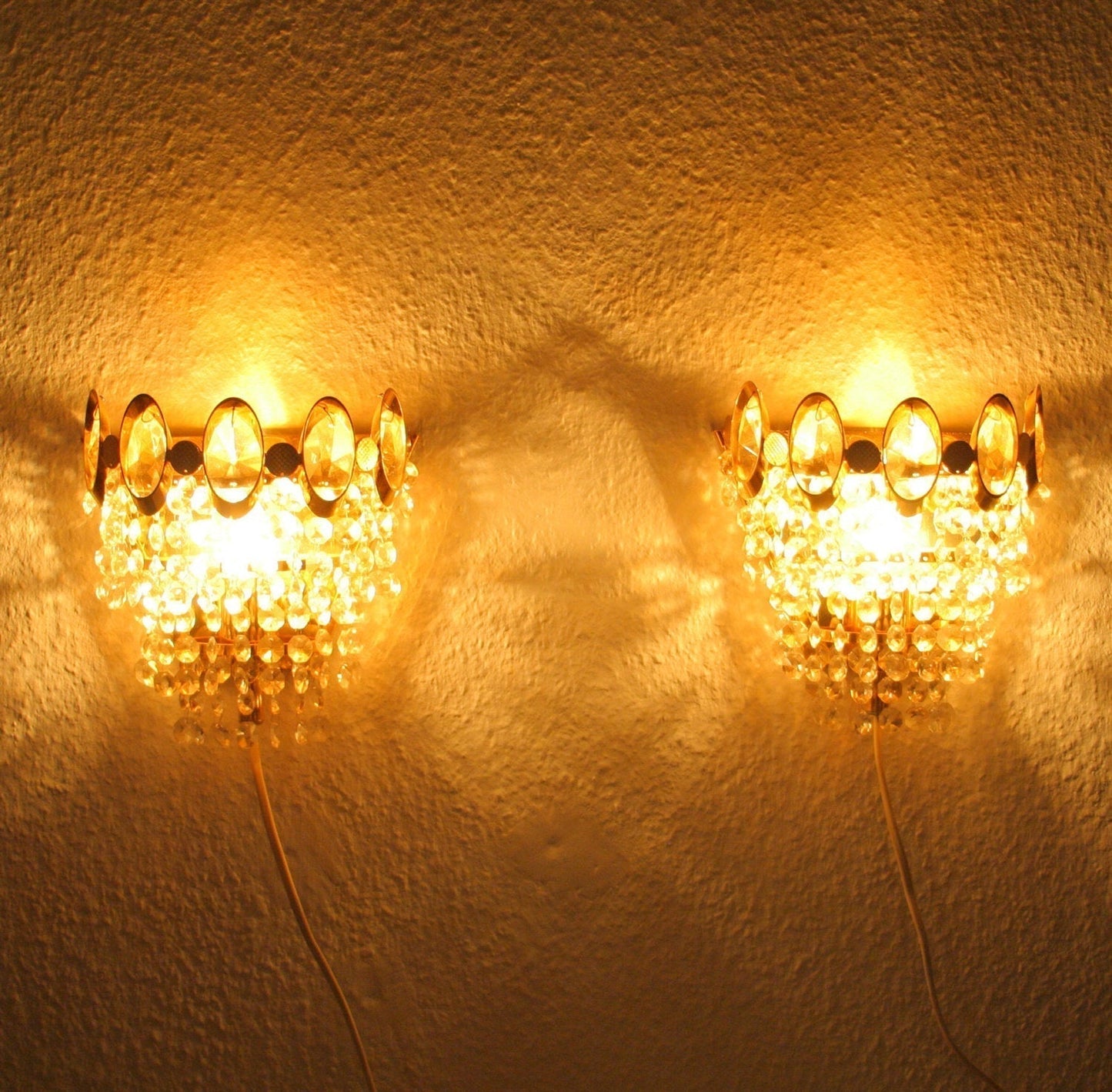 A Pair of Gold-Plated Brass Wall Sconces with Small Cut Crystal Prisms Mollaris.com 