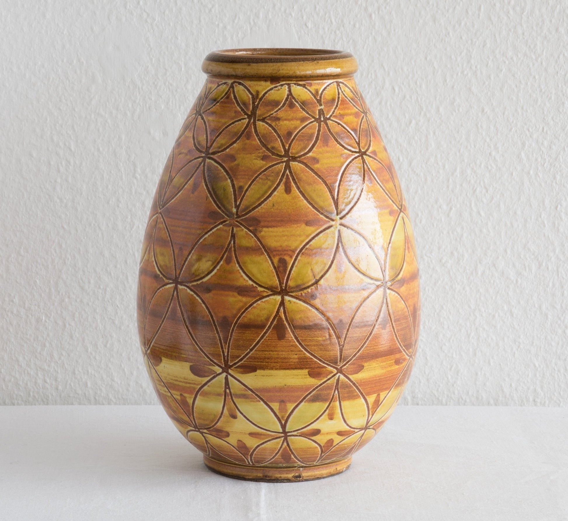 AKSEL SIGVALD NIELSEN Knabstrup Geometric Patterned Yellow Orange Glazed Ceramic Floor Vase Mollaris.com 