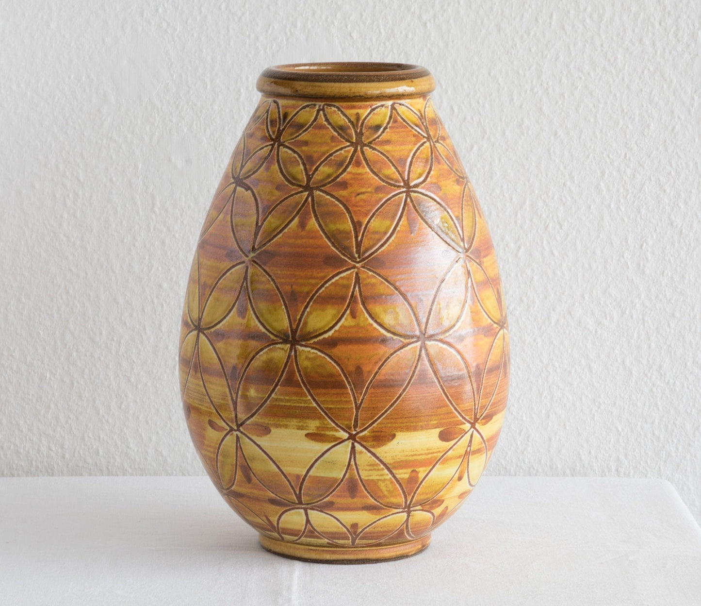 AKSEL SIGVALD NIELSEN Knabstrup Geometric Patterned Yellow Orange Glazed Ceramic Floor Vase Mollaris.com 