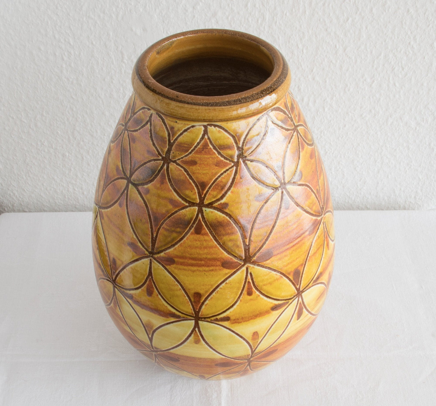 AKSEL SIGVALD NIELSEN Knabstrup Geometric Patterned Yellow Orange Glazed Ceramic Floor Vase Mollaris.com 