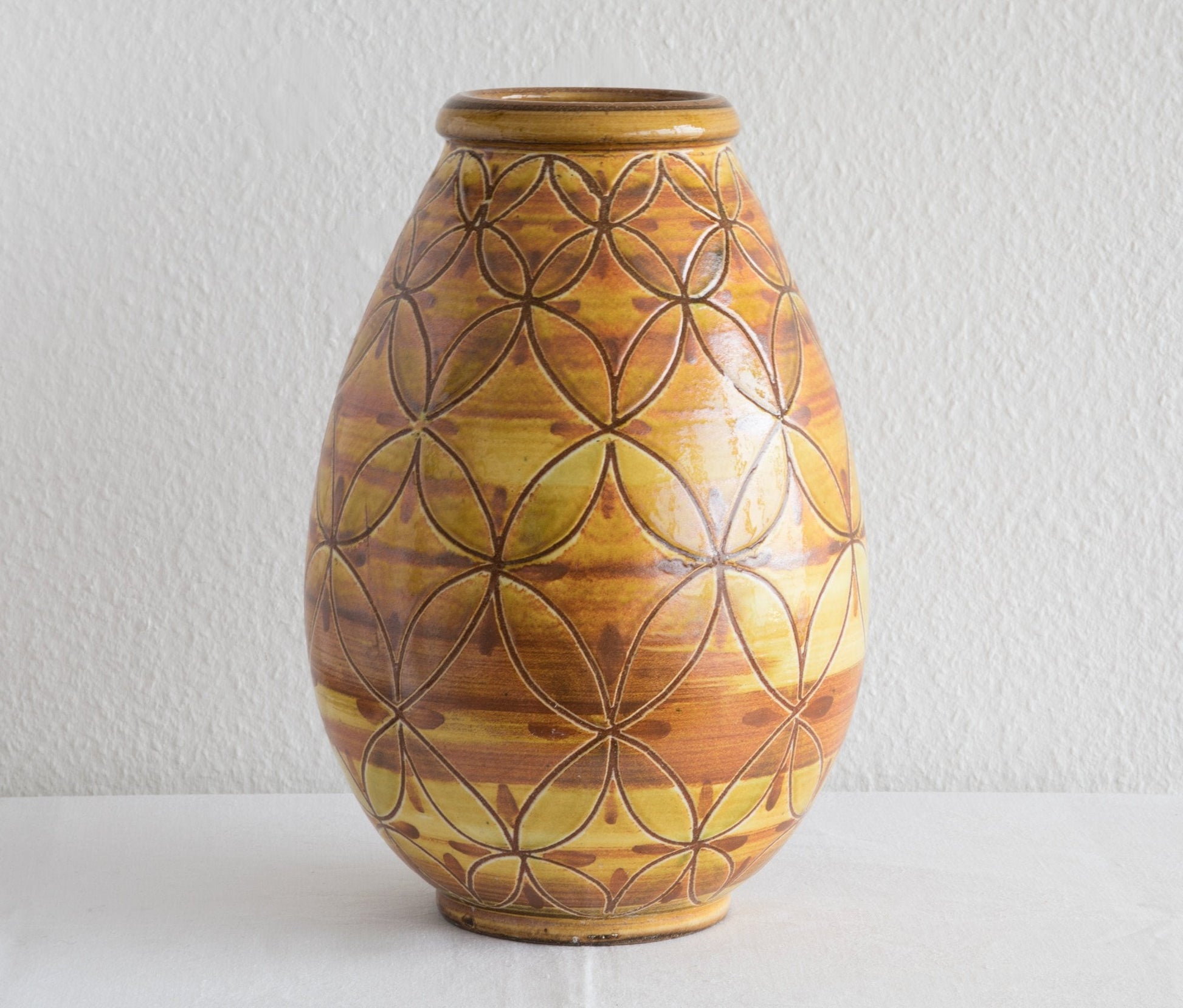 AKSEL SIGVALD NIELSEN Knabstrup Geometric Patterned Yellow Orange Glazed Ceramic Floor Vase Mollaris.com 