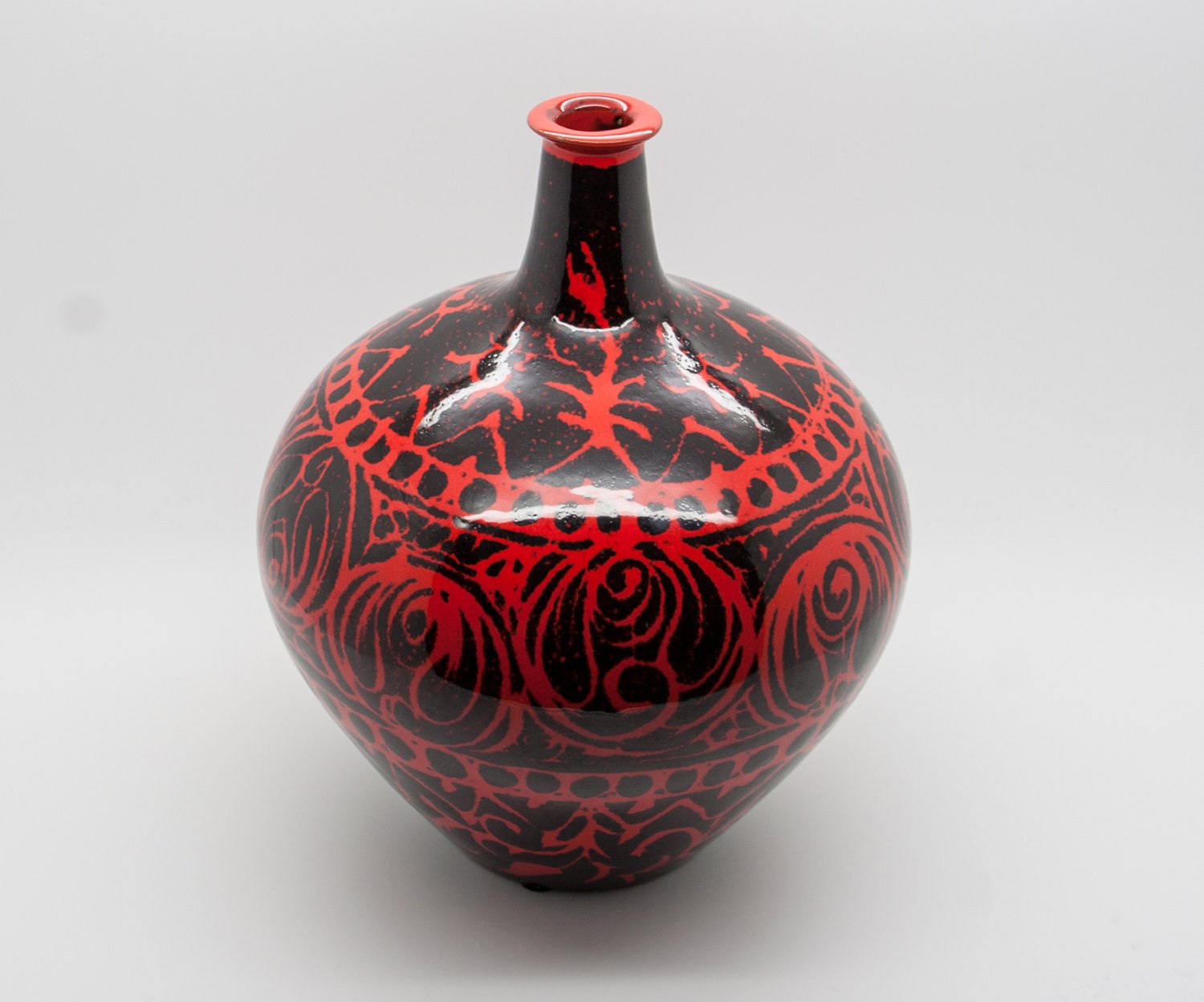 ALVINO BAGNI Abstract Decorated Red Black Glazed Ceramic Vase Mollaris.com 