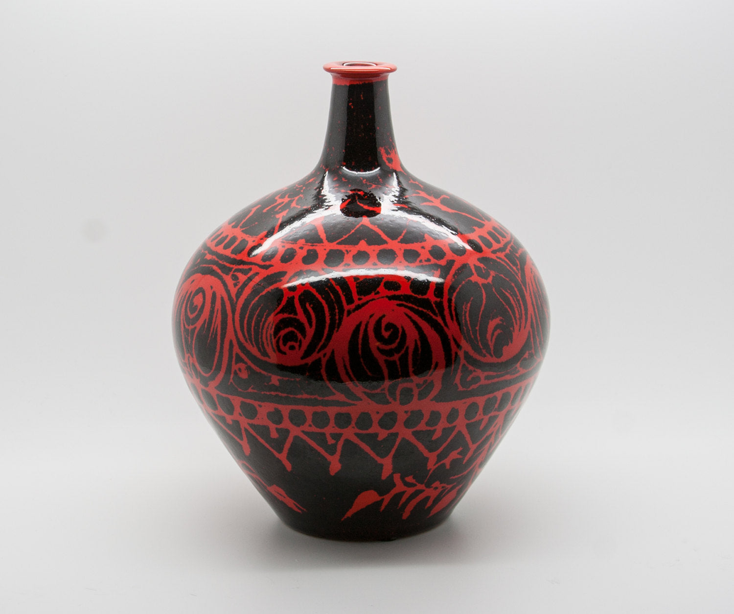 ALVINO BAGNI Abstract Decorated Red Black Glazed Ceramic Vase Mollaris.com 