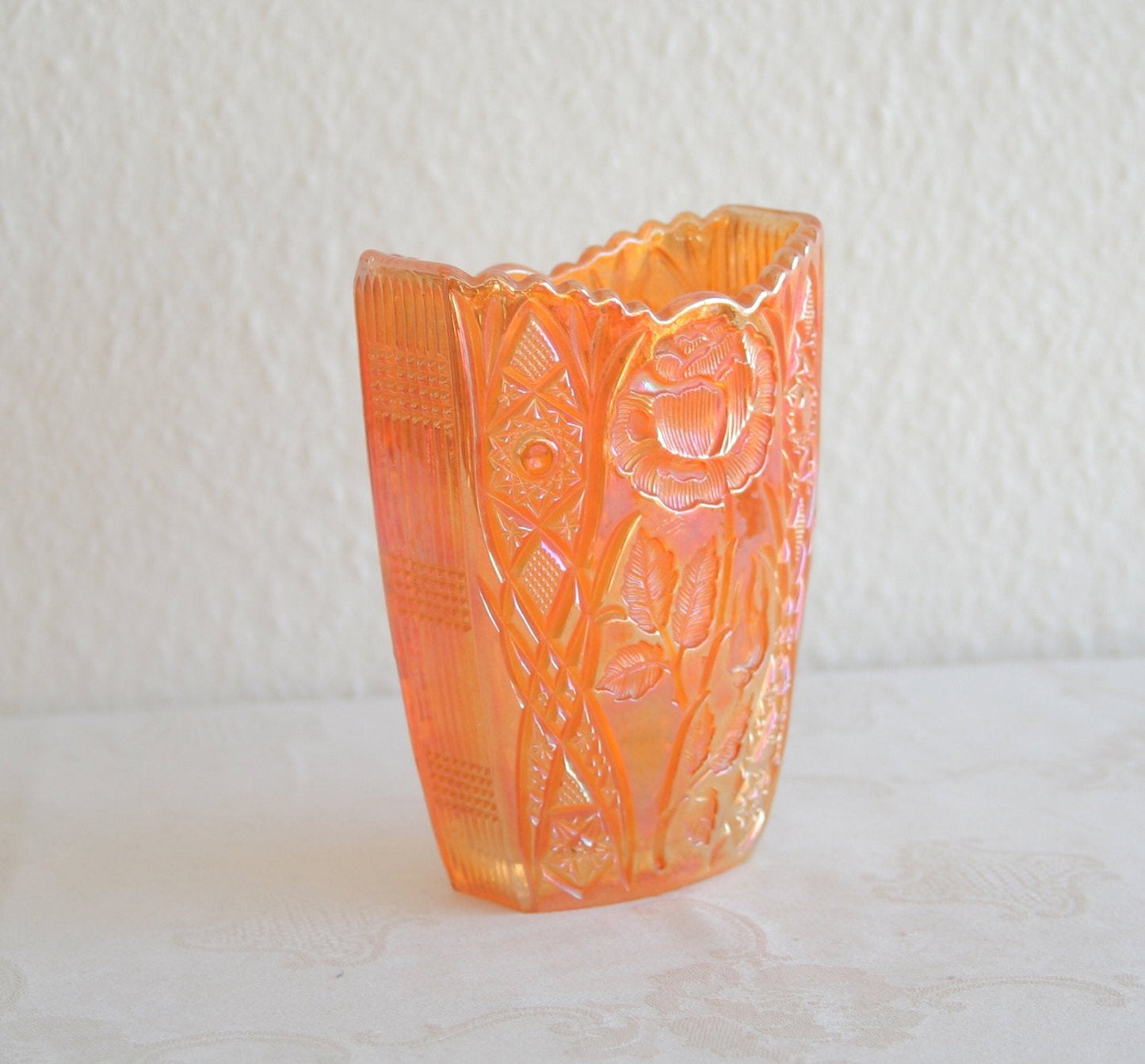 BROCKWITZ Carnival Glass Marigold ROSE GARDEN Small Letter Vase Mollaris.com 