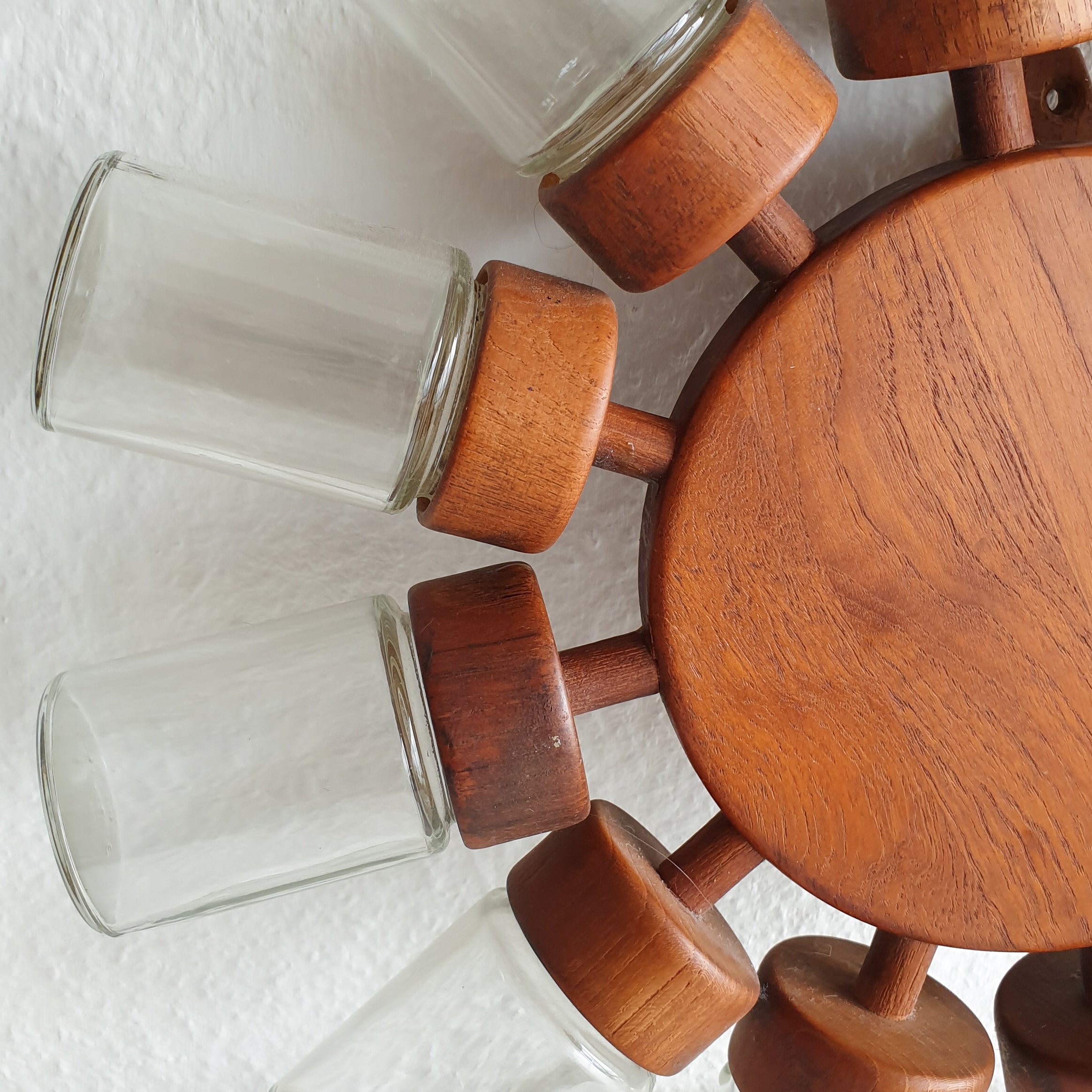 DIGSMED Danish Teak Spice Rack Wheel with 12 Glass Jars