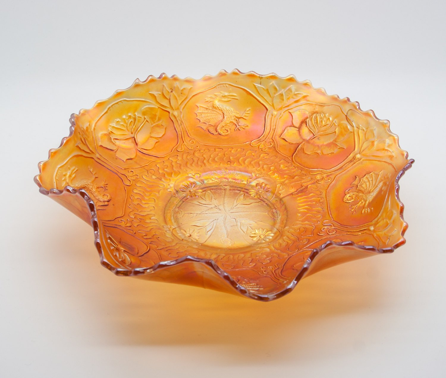 FENTON Carnival Glass Marigold DRAGON and LOTUS Bowl Mollaris.com 