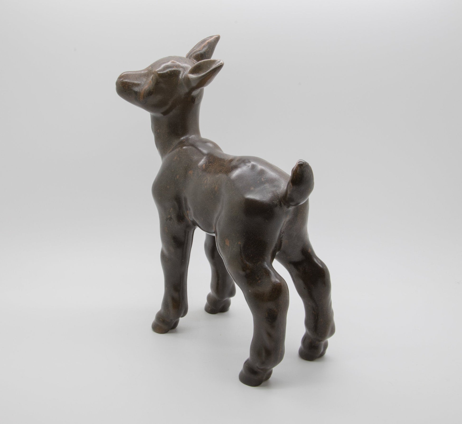 PETER HALD Brown Glazed Stoneware Fawn Sculpture Mollaris.com 