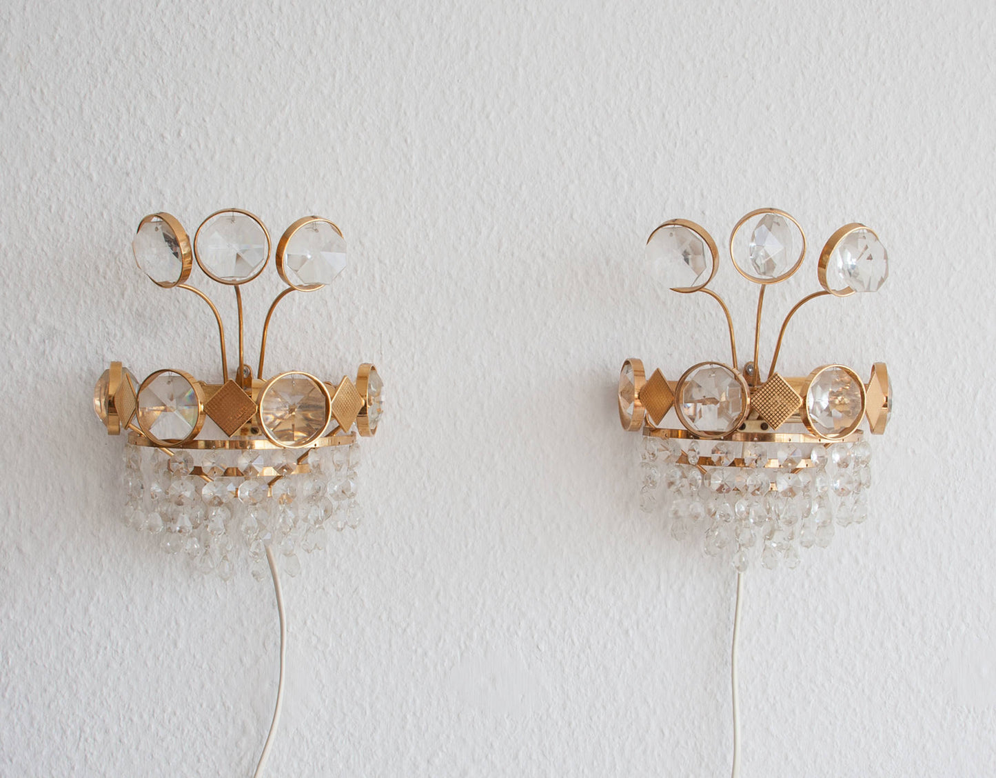 A Pair of Gold-Plated Brass Wall Sconces with Cut Crystal Prisms Mollaris.com 