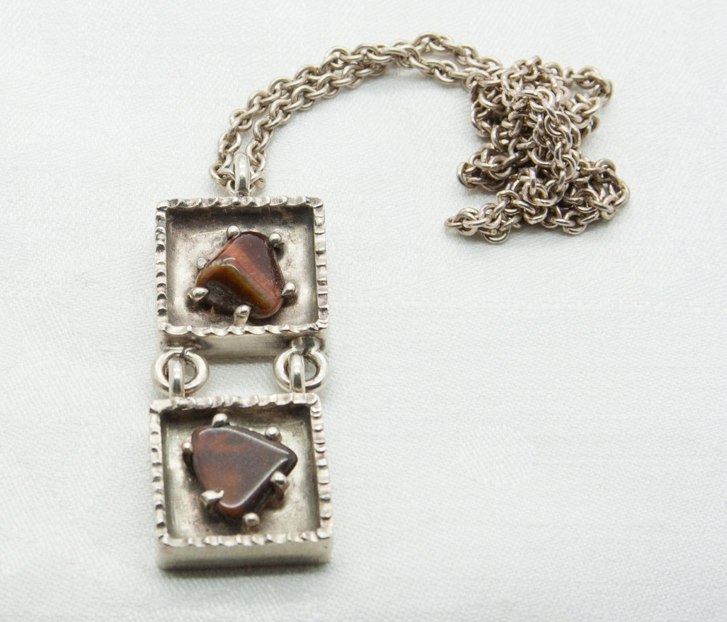 JØRGEN JENSEN Modernist Brutalist Silvered Pewter Tigers Eye Pendant Necklace Mollaris.com 