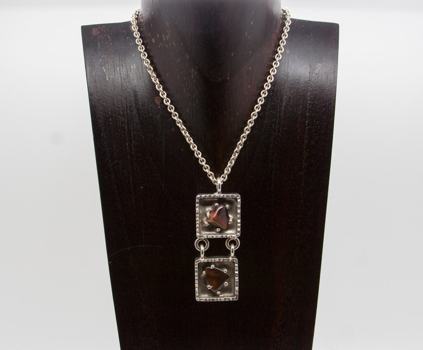 JØRGEN JENSEN Modernist Brutalist Silvered Pewter Tigers Eye Pendant Necklace Mollaris.com 