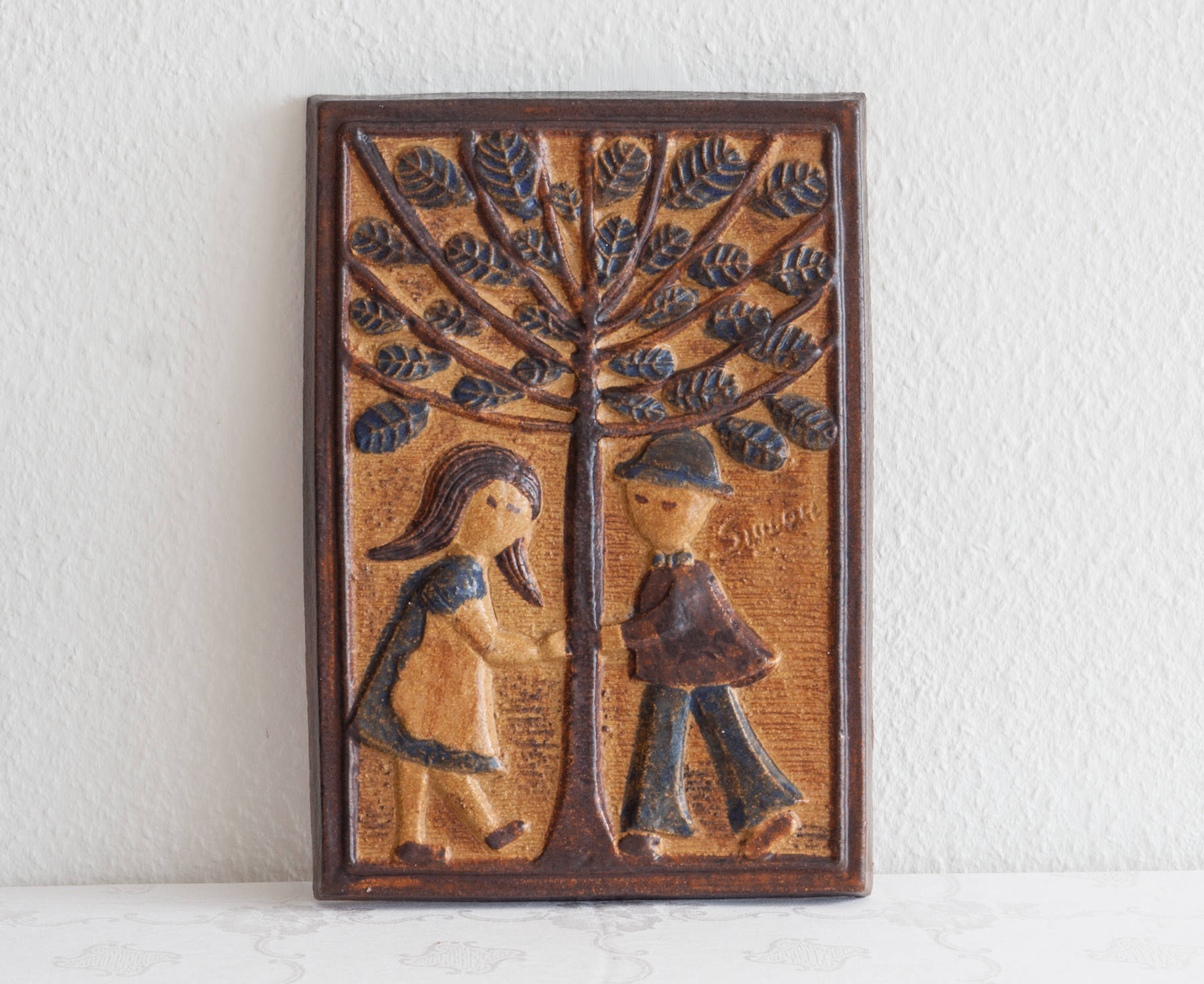 JOSEPH SIMON Søholm Couple Beneath Tree Stoneware Wall Plaque Mollaris.com 