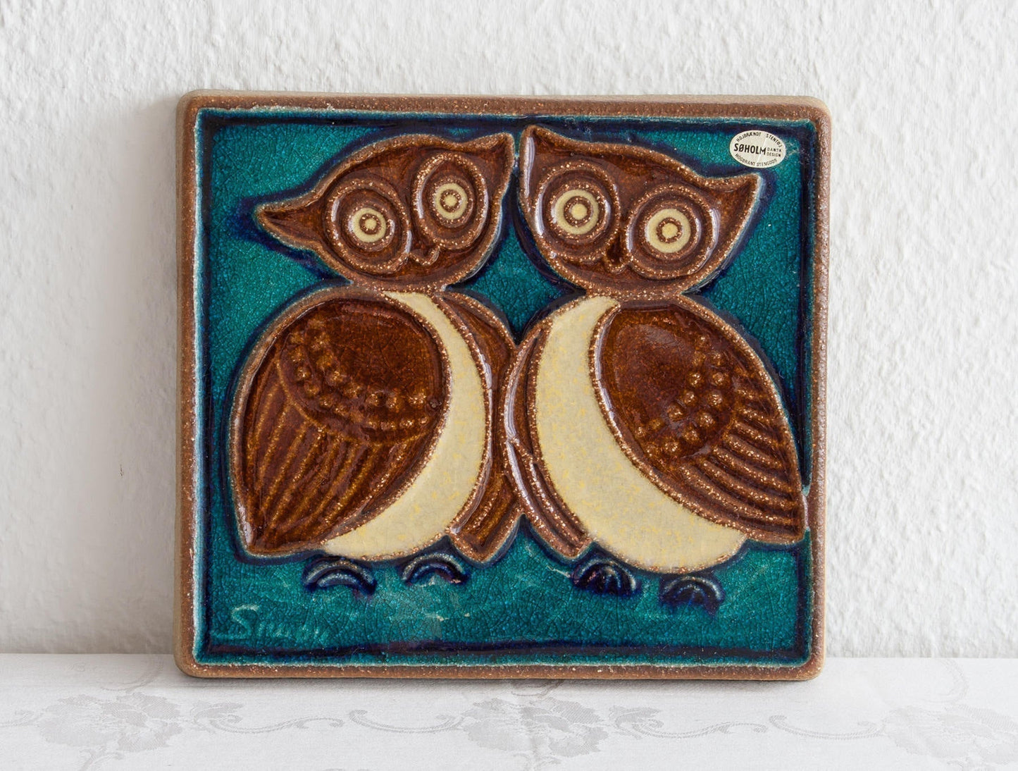 JOSEPH SIMON Søholm Two Owls Stoneware Wall Plaque Mollaris.com 