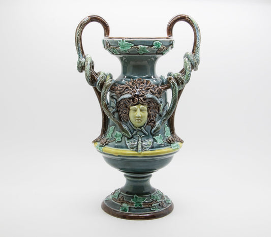 RÖRSTRAND Antique Medusa Snakes Floral Vines Ivy Foliage Gorgon Majolica Sculpturel Urn Vase Mollaris.com 