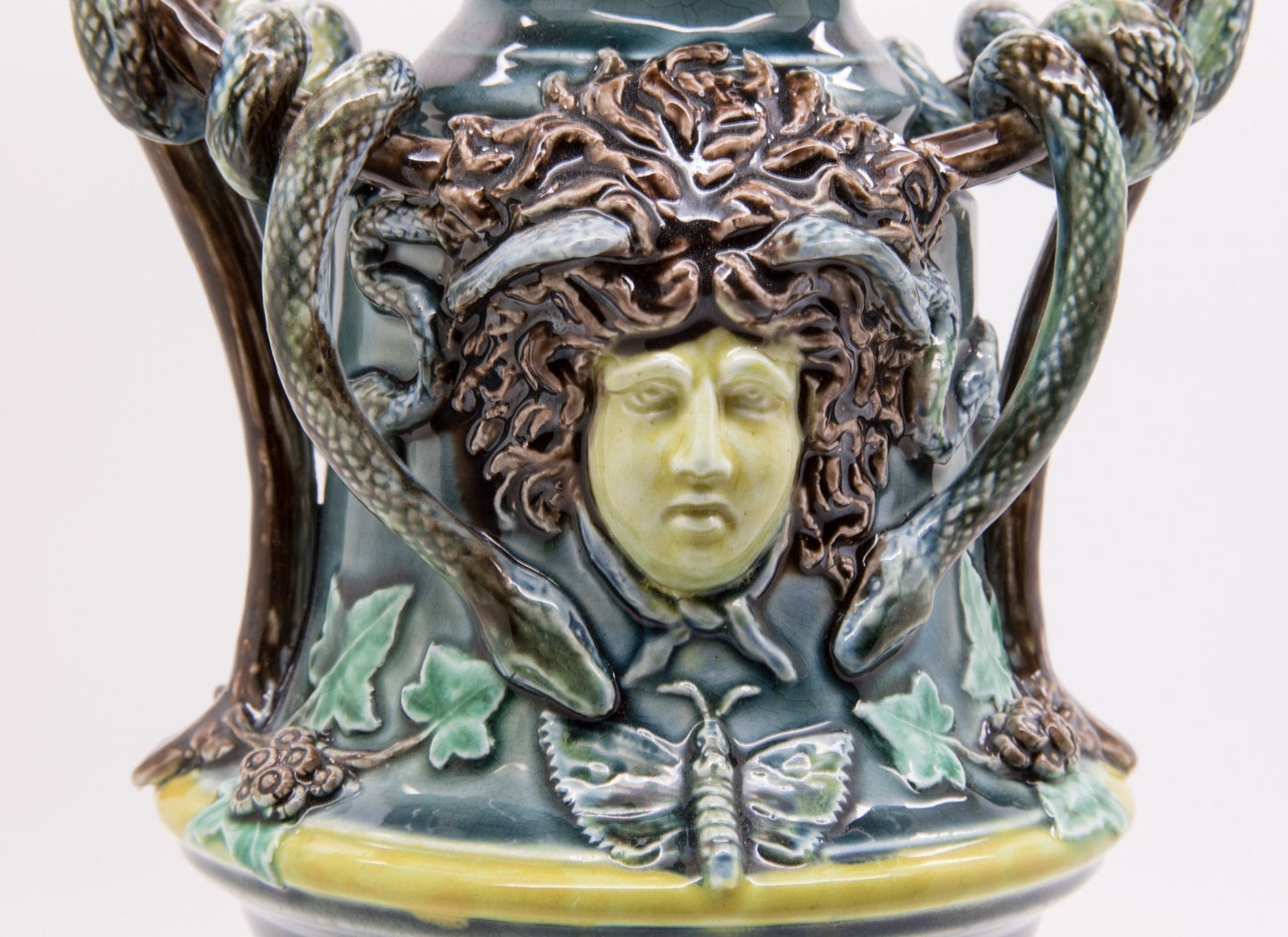 RÖRSTRAND Antique Medusa Snakes Floral Vines Ivy Foliage Gorgon Majolica Sculpturel Urn Vase Mollaris.com 