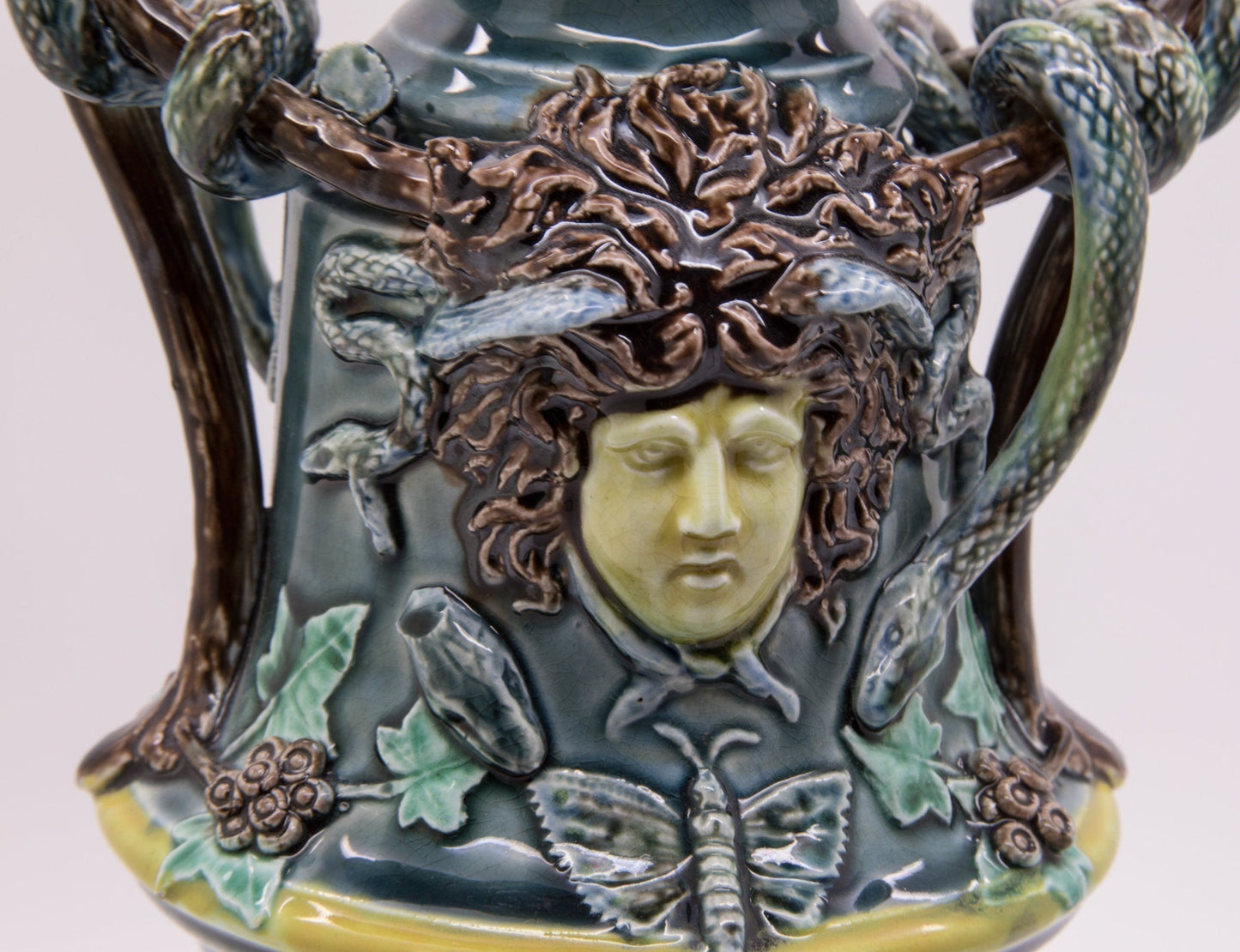 RÖRSTRAND Antique Medusa Snakes Floral Vines Ivy Foliage Gorgon Majolica Sculpturel Urn Vase Mollaris.com 