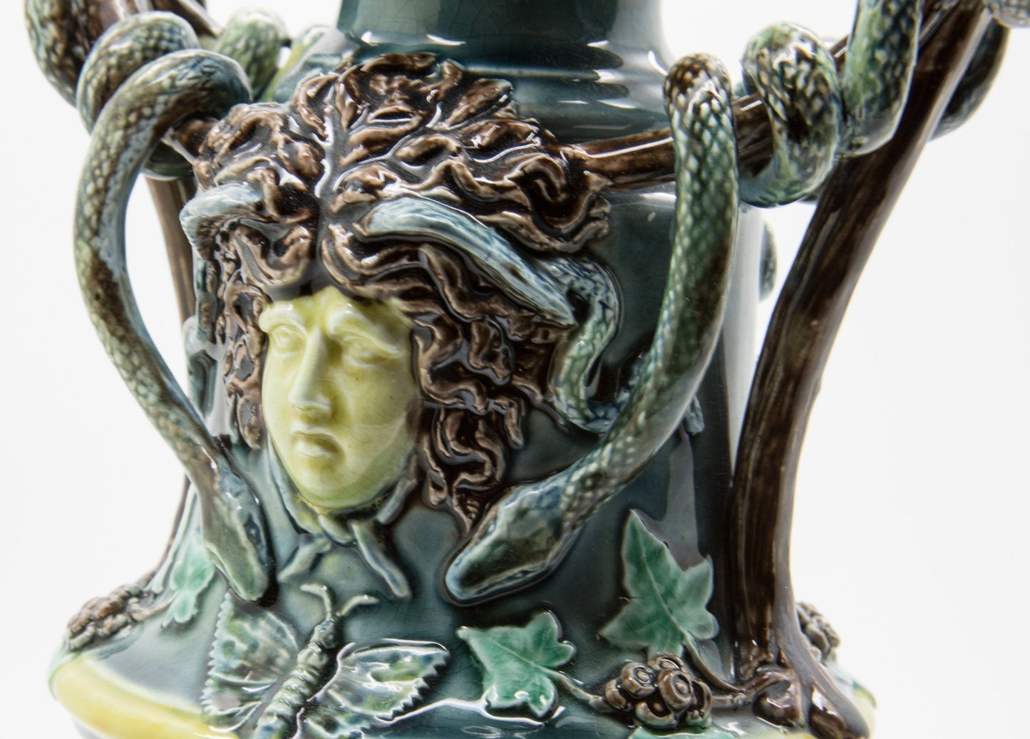 RÖRSTRAND Antique Medusa Snakes Floral Vines Ivy Foliage Gorgon Majolica Sculpturel Urn Vase Mollaris.com 