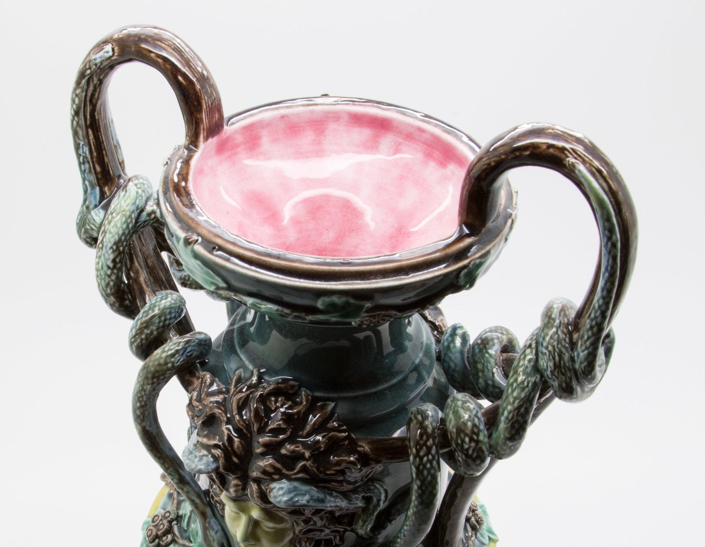 RÖRSTRAND Antique Medusa Snakes Floral Vines Ivy Foliage Gorgon Majolica Sculpturel Urn Vase Mollaris.com 