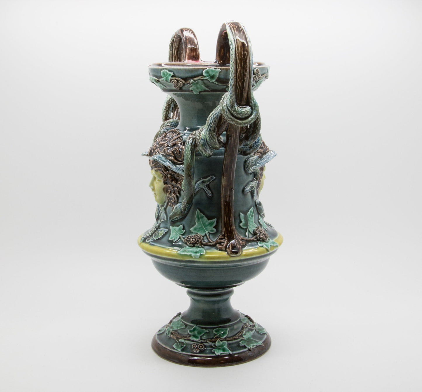 RÖRSTRAND Antique Medusa Snakes Floral Vines Ivy Foliage Gorgon Majolica Sculpturel Urn Vase Mollaris.com 