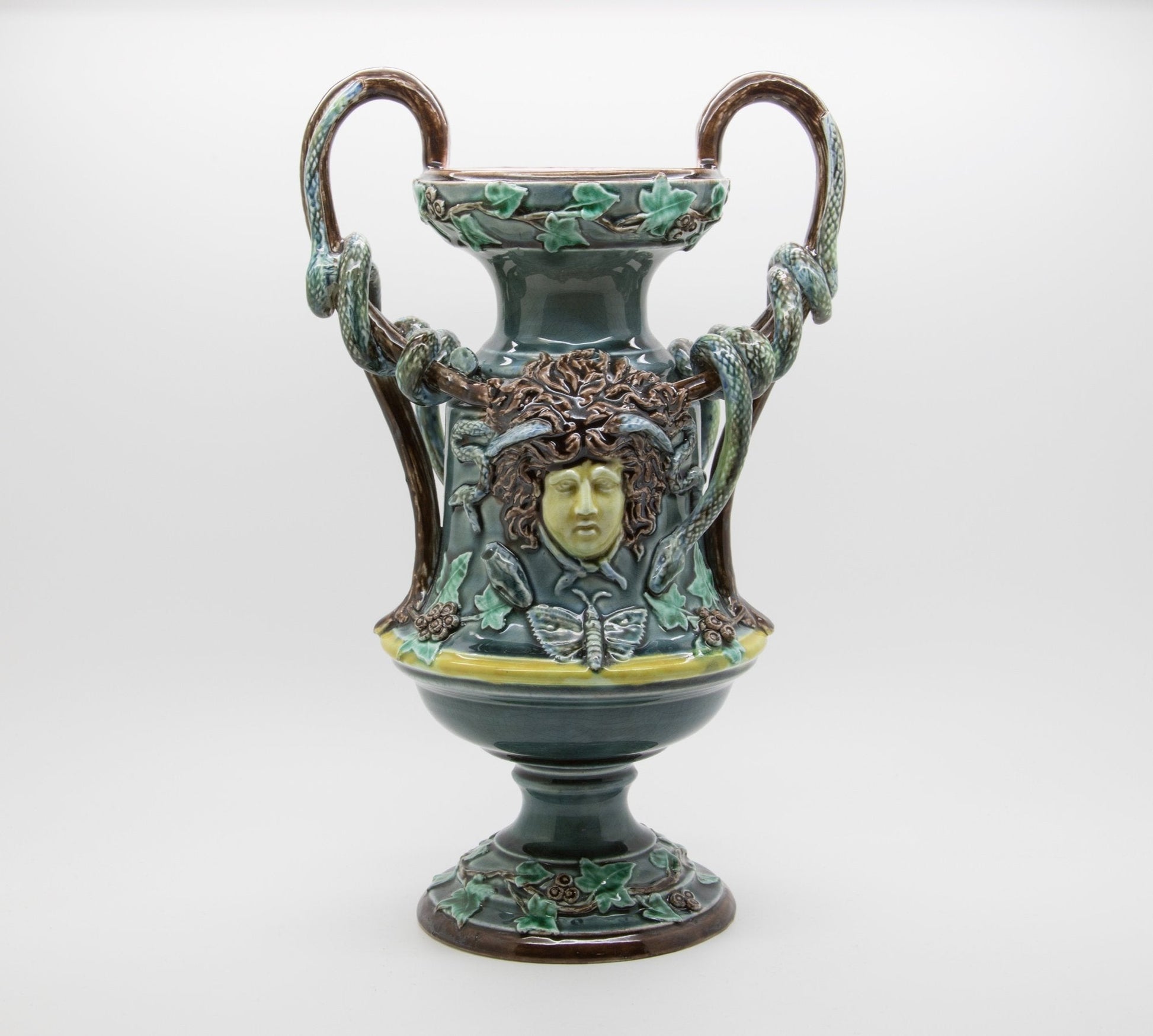 RÖRSTRAND Antique Medusa Snakes Floral Vines Ivy Foliage Gorgon Majolica Sculpturel Urn Vase Mollaris.com 