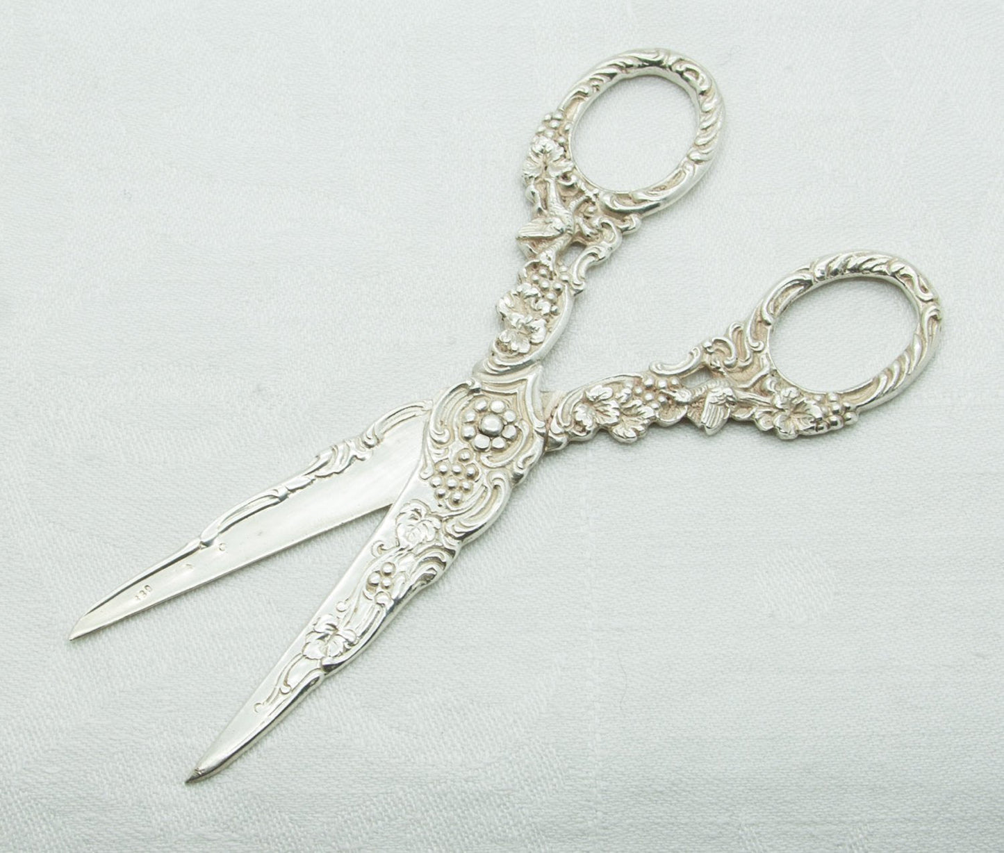 Victorian 19thC. Grapes Foliage & Birds Solid Silver (830S) Grape Scissors Mollaris.com 