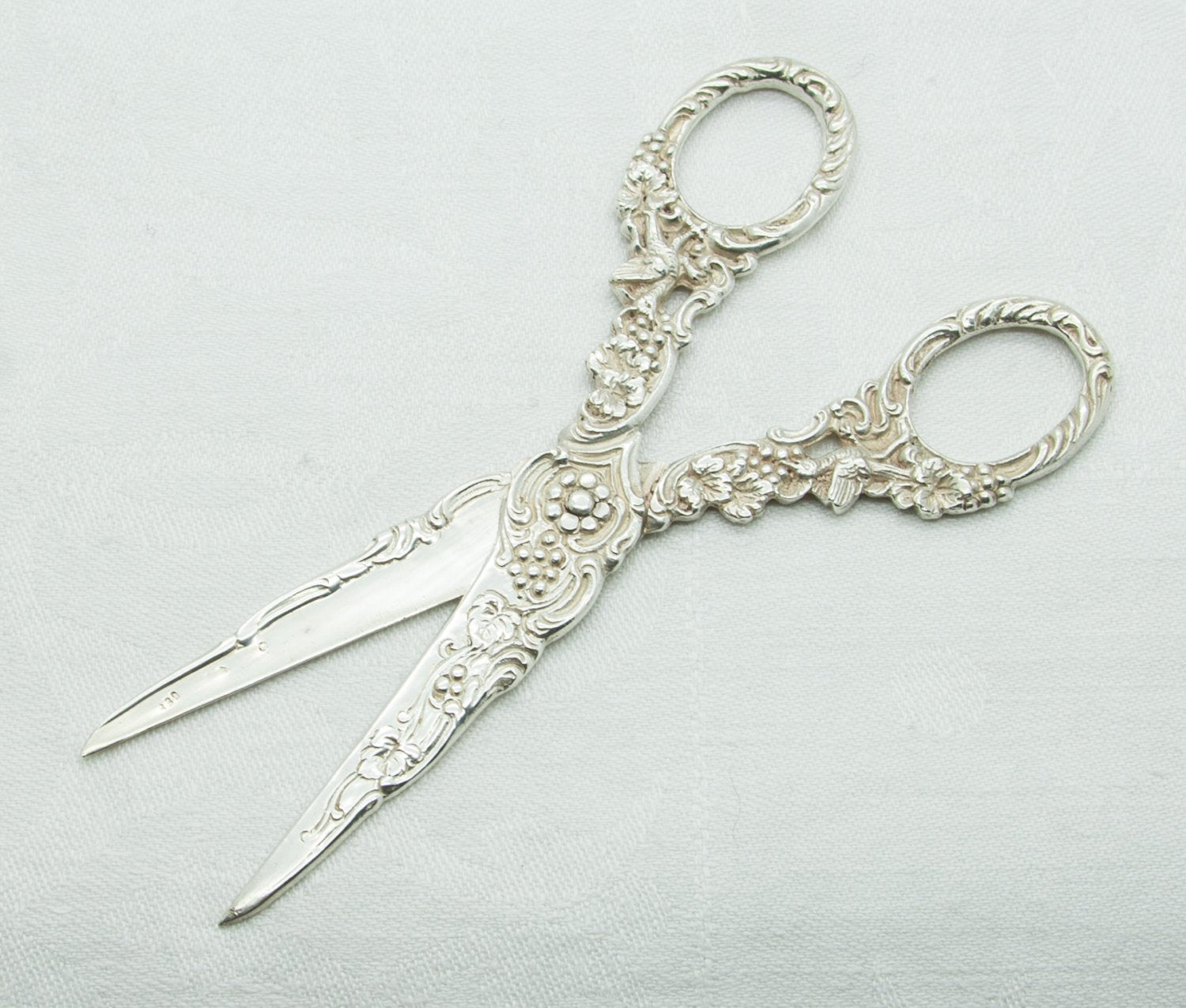 Victorian 19thC. Grapes Foliage & Birds Solid Silver (830S) Grape Scissors Mollaris.com 